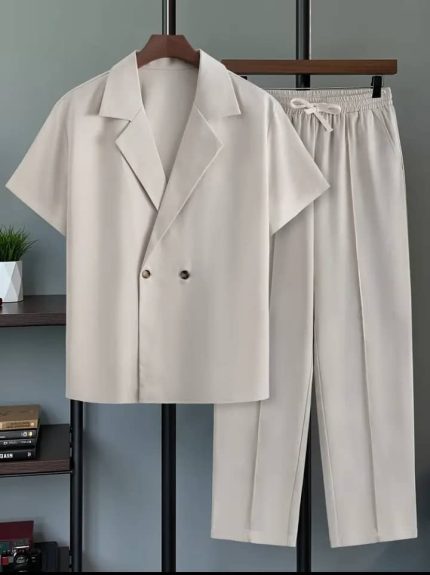 Men's Four-Season suit Collar Double-Breasted Casual Short Sleeve shirt